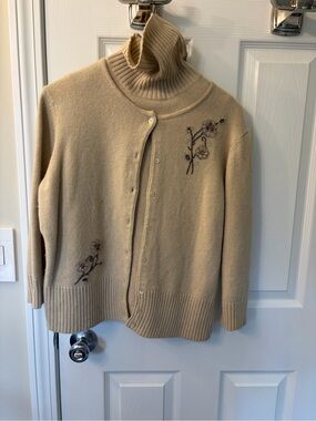 LOFT Beige Turtleneck Button-Front Cardigan with Floral Embroidery